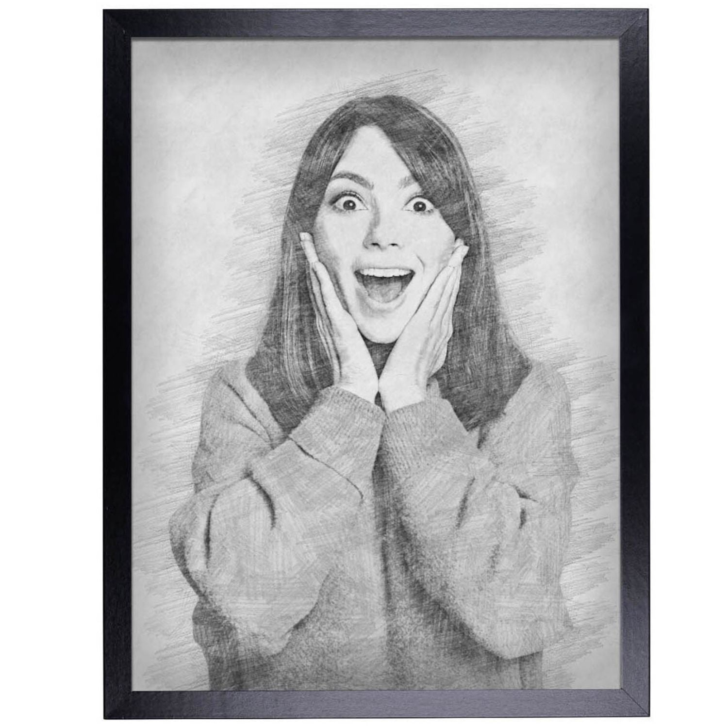 Custom pencil drawing from photo, joyful portrait framed in black, personalised birthday gift designed in the UK