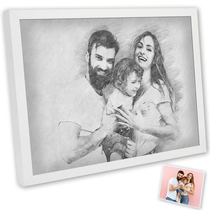 Personalised family pencil portrait from photo, parents with child, framed in white, housewarming and family gift UK