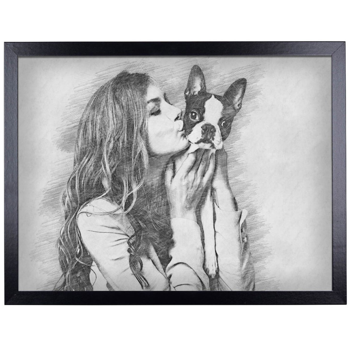 Personalised pencil pet portrait from photo, woman with her dog, framed in black, dog mum and pet memorial gift UK