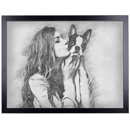 Personalised pencil pet portrait from photo, woman with her dog, framed in black, dog mum and pet memorial gift UK