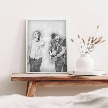 Personalised pencil portrait of couple with guitar, framed in white, engagement and music lover gift designed in the UK