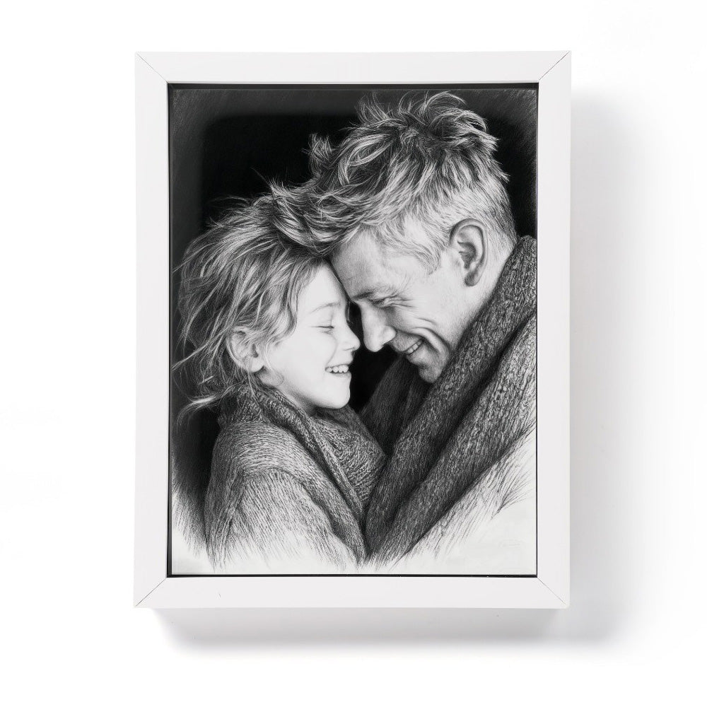 Personalised pencil portrait of father and daughter, framed in white, Father's Day and family gift designed in the UK