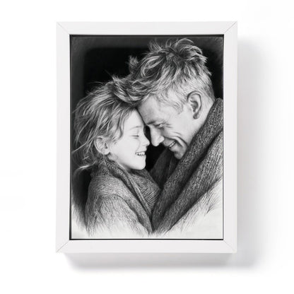 Personalised pencil portrait of father and daughter, framed in white, Father's Day and family gift designed in the UK