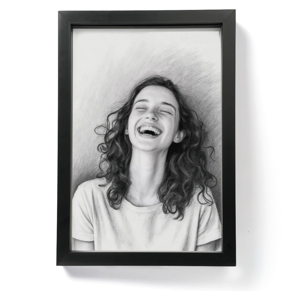 Personalised pencil portrait from photo, joyful portrait of woman laughing, framed in black, 30th birthday gift idea