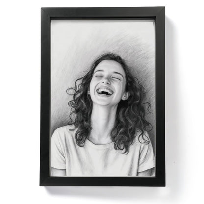 Personalised pencil portrait from photo, joyful portrait of woman laughing, framed in black, 30th birthday gift idea