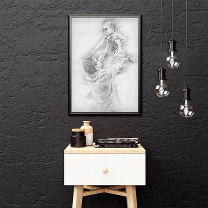 Personalised pencil portrait from photo of father lifting baby, framed in black A4, new dad and family gift designed in the UK