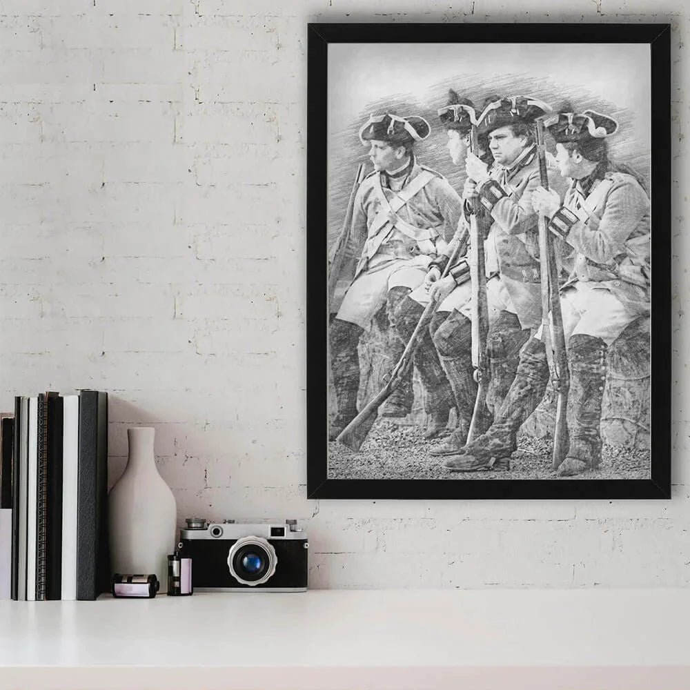 Custom pencil portrait drawing from photo, historical scene, framed in black, unique personalised gift designed in the UK