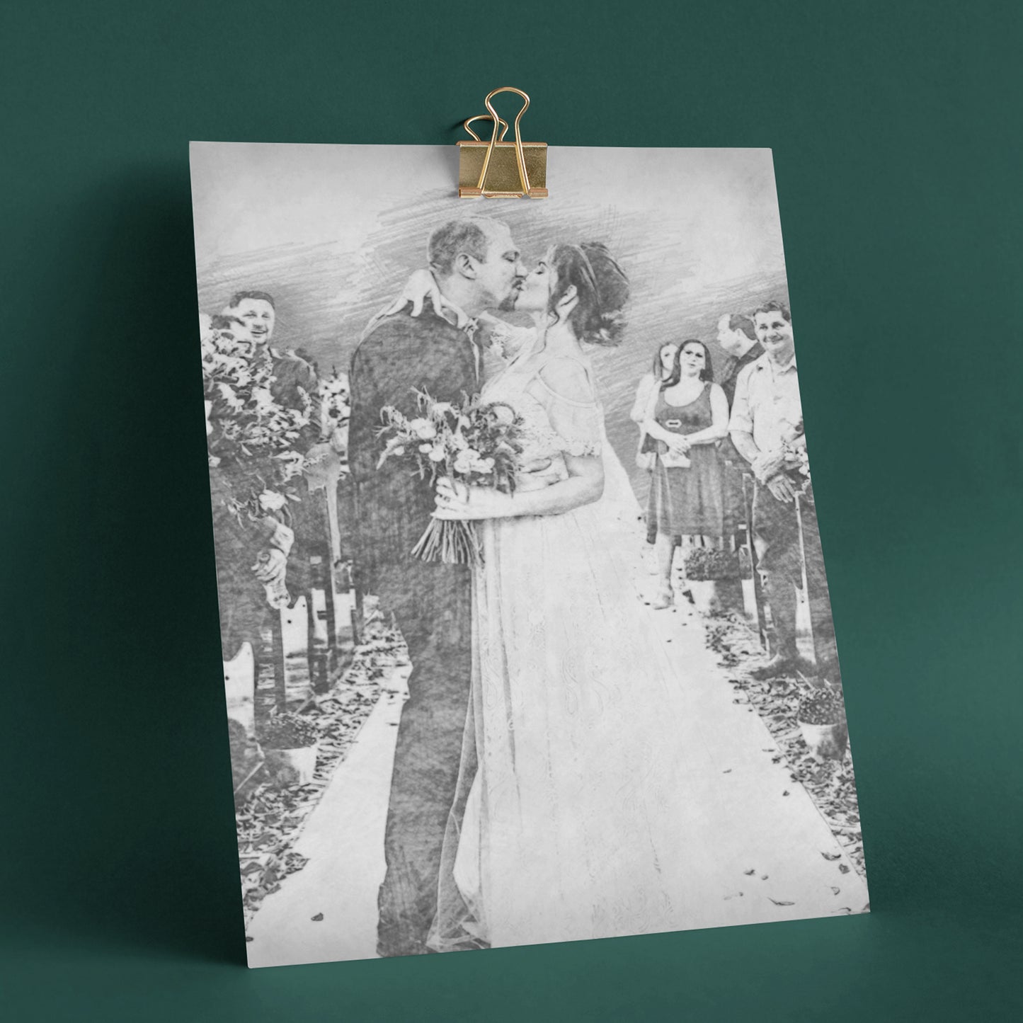Personalised pencil portrait of bride and groom kissing at wedding ceremony, A4 poster only, wedding and anniversary gift