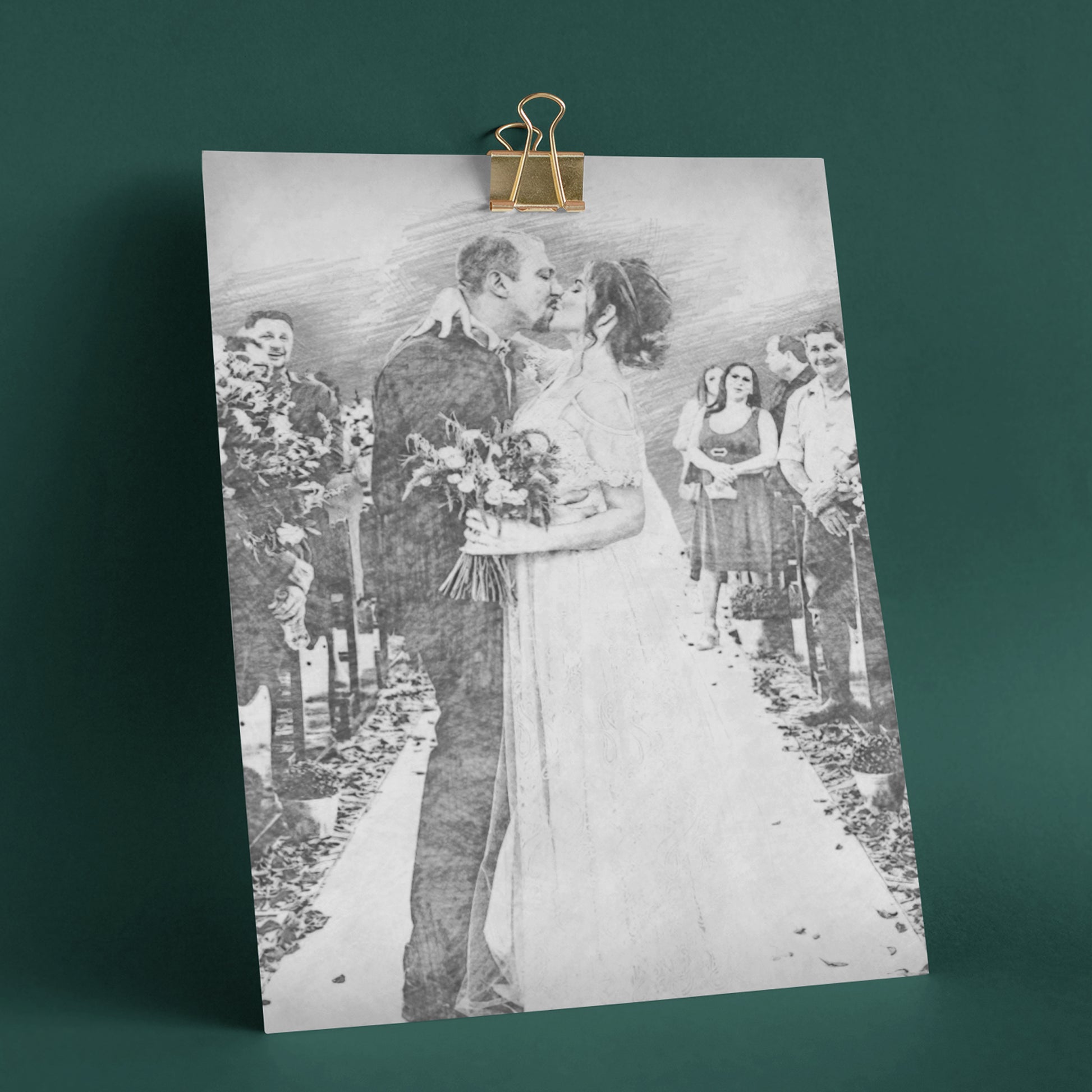 Personalised pencil portrait of bride and groom kissing at wedding ceremony, A4 poster only, wedding and anniversary gift