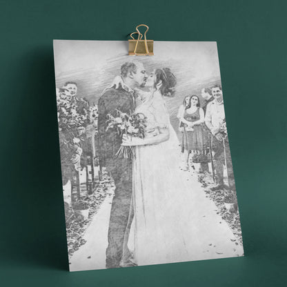 Personalised pencil portrait of bride and groom kissing at wedding ceremony, A4 poster only, wedding and anniversary gift