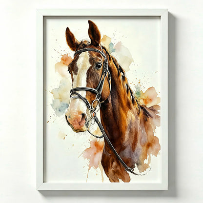 Personalised watercolour horse portrait from photo, framed in white, equestrian and pet memorial gift designed in our UK studio